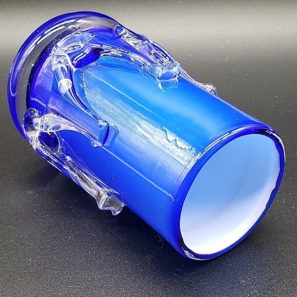 Murano Style Vintage Cobalt Blue White Cased Clear Rigaree Art Glass Vase - Picture 4 of 10